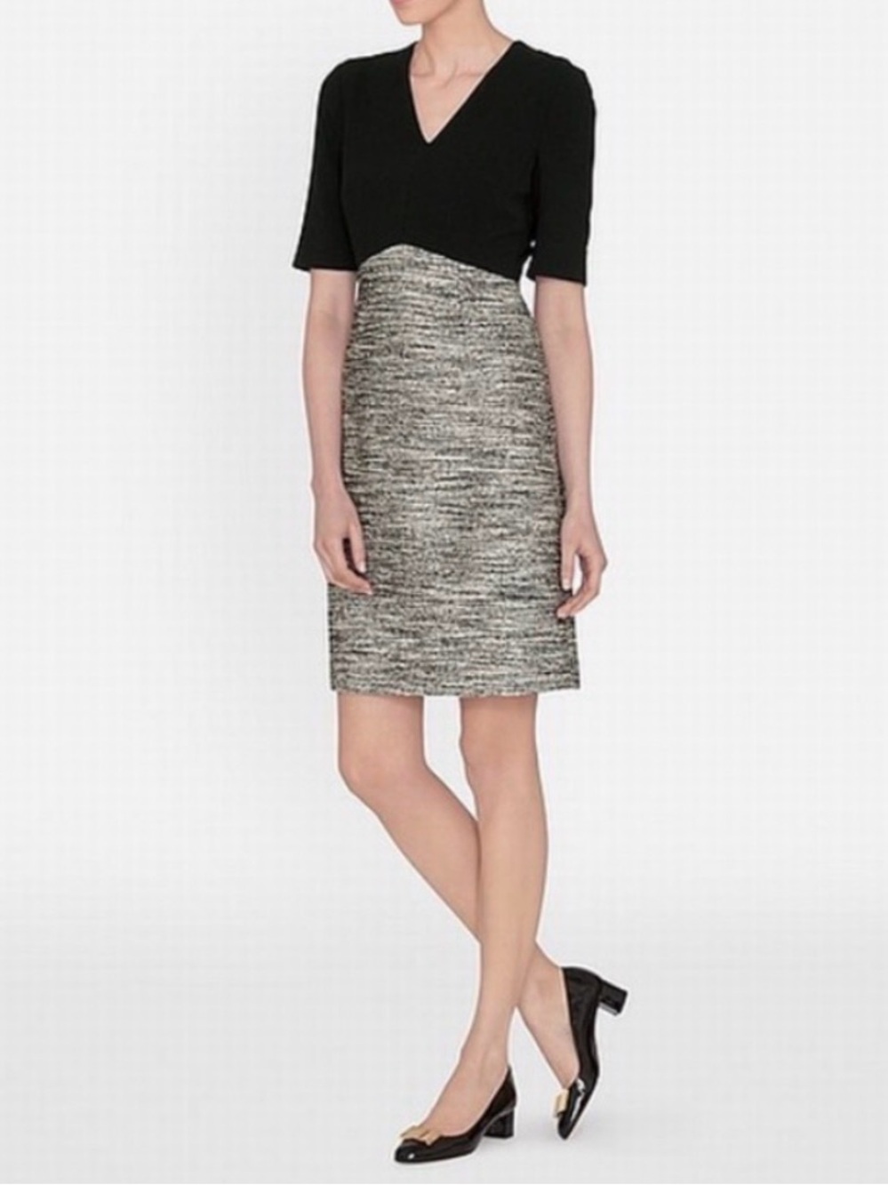 LK Bennett London Karlie Tweed V-Neck Dress Size US 10 Black, gray and White